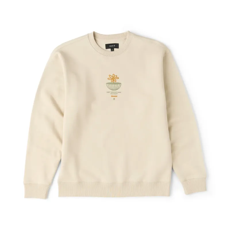 Front product view of the Sand crewneck with a flower globe and “Don’t Destroy What You Enjoy” graphic.