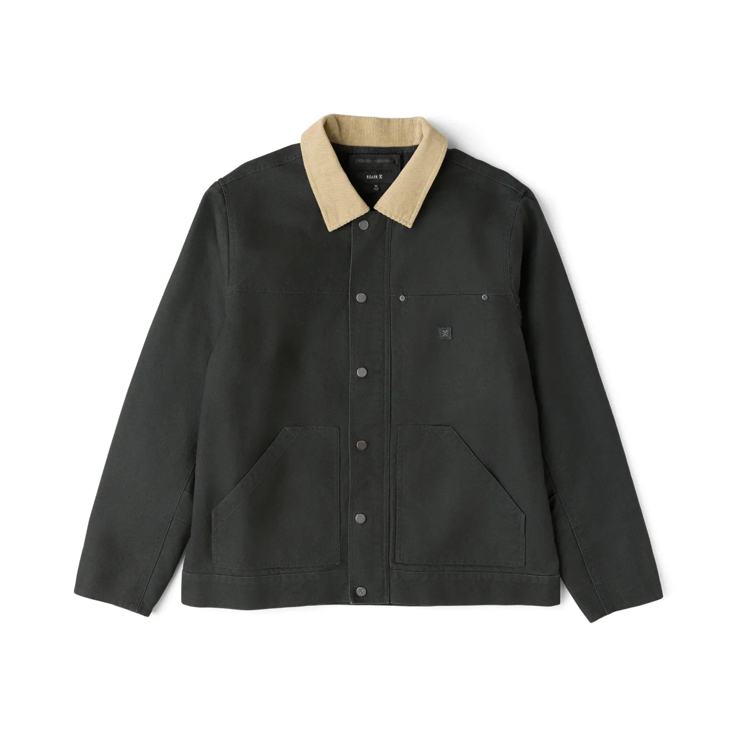 Front product view of the Onyx waxed canvas jacket with a tan collar and large hand pockets.