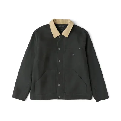 Front product view of the Onyx waxed canvas jacket with a tan collar and large hand pockets.