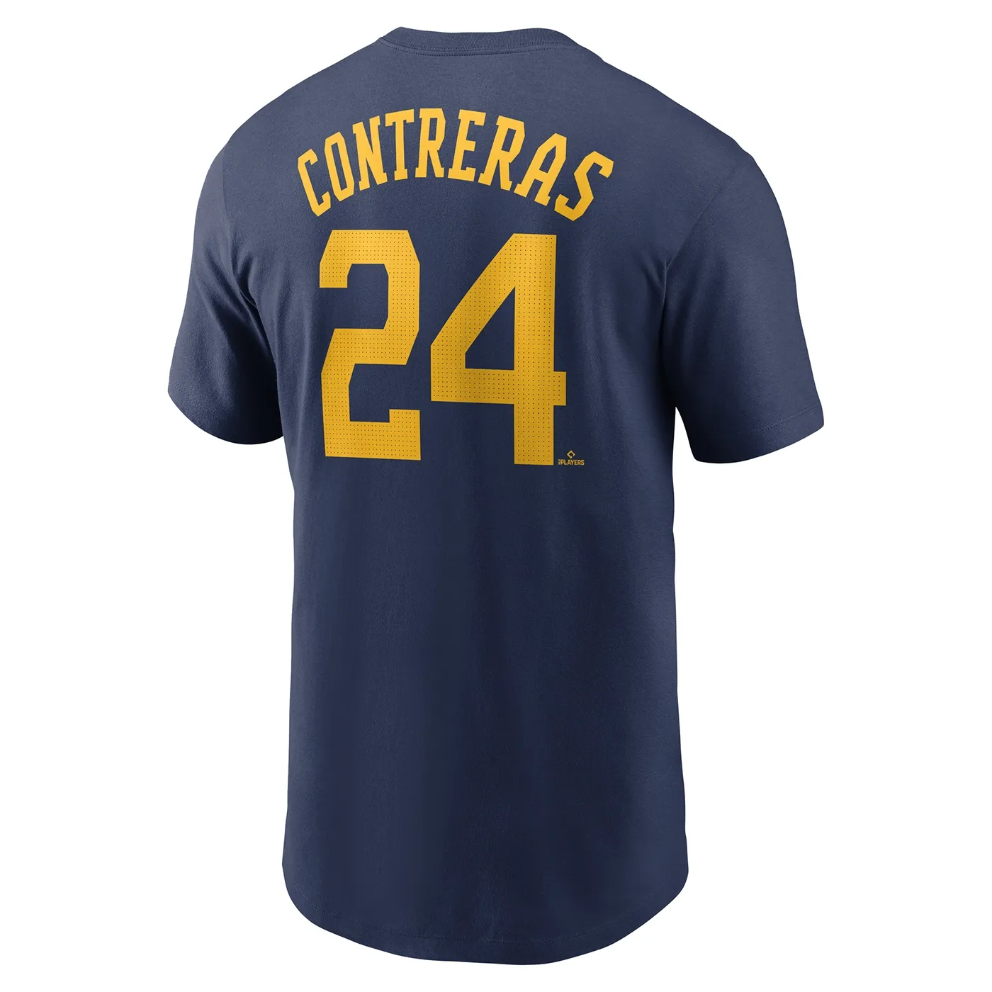 Angled back view of navy Nike Brewers tee with William Contreras’ name and large gold number 24.