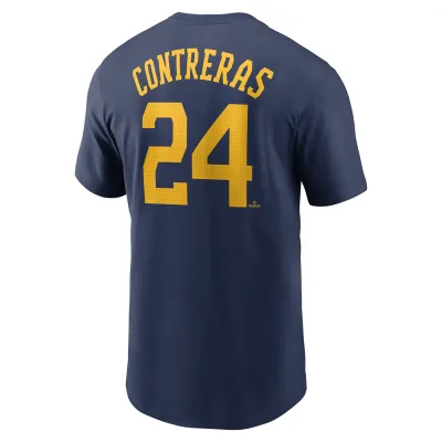 Angled back view of navy Nike Brewers tee with William Contreras’ name and large gold number 24.