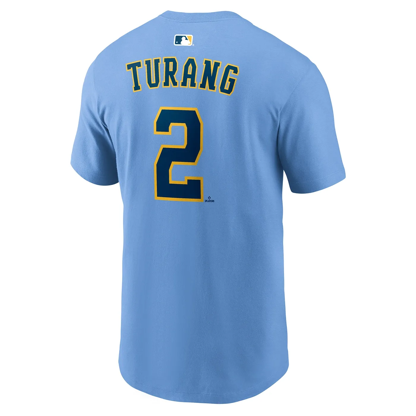 Angled back view of powder blue Nike Brewers tee with Brice Turang’s name, navy number 2 and MLB logo.