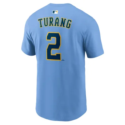 Angled back view of powder blue Nike Brewers tee with Brice Turang’s name, navy number 2 and MLB logo.