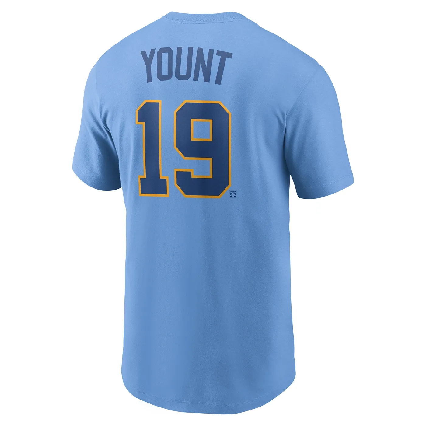 Angled back view of powder blue Nike Brewers jersey tee with Robin Yount’s name and navy number 19 outlined in gold.
