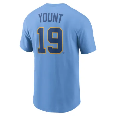 Angled back view of powder blue Nike Brewers jersey tee with Robin Yount’s name and navy number 19 outlined in gold.