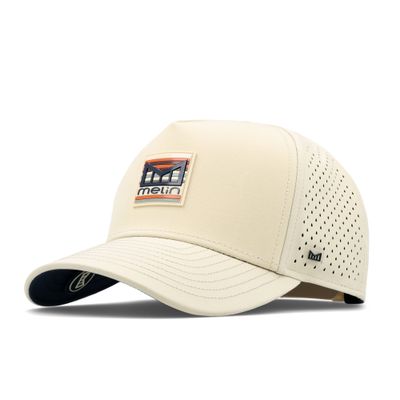 Angled front view of the Melin Odysea Stacked Hydro hat in Baja Picante with a multicolor logo patch.