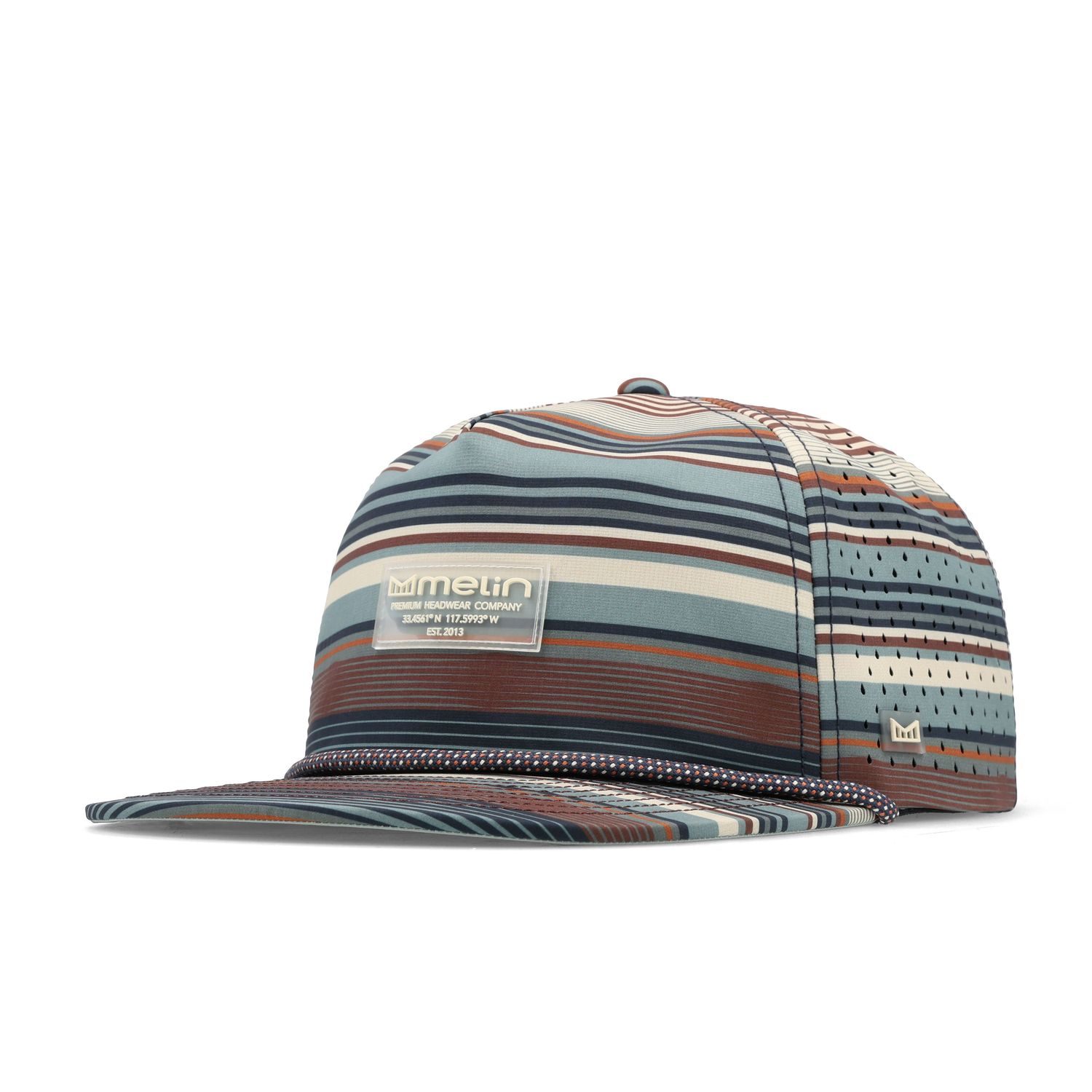 Angled view of the Melin Coronado Brick Hydro hat with multicolor stripes, flat visor, rope, and front patch.