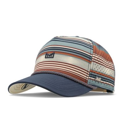 Angled view of the Melin Odysea Rope Hydro hat with multicolor stripes, navy visor, rope detail, and icon logo.