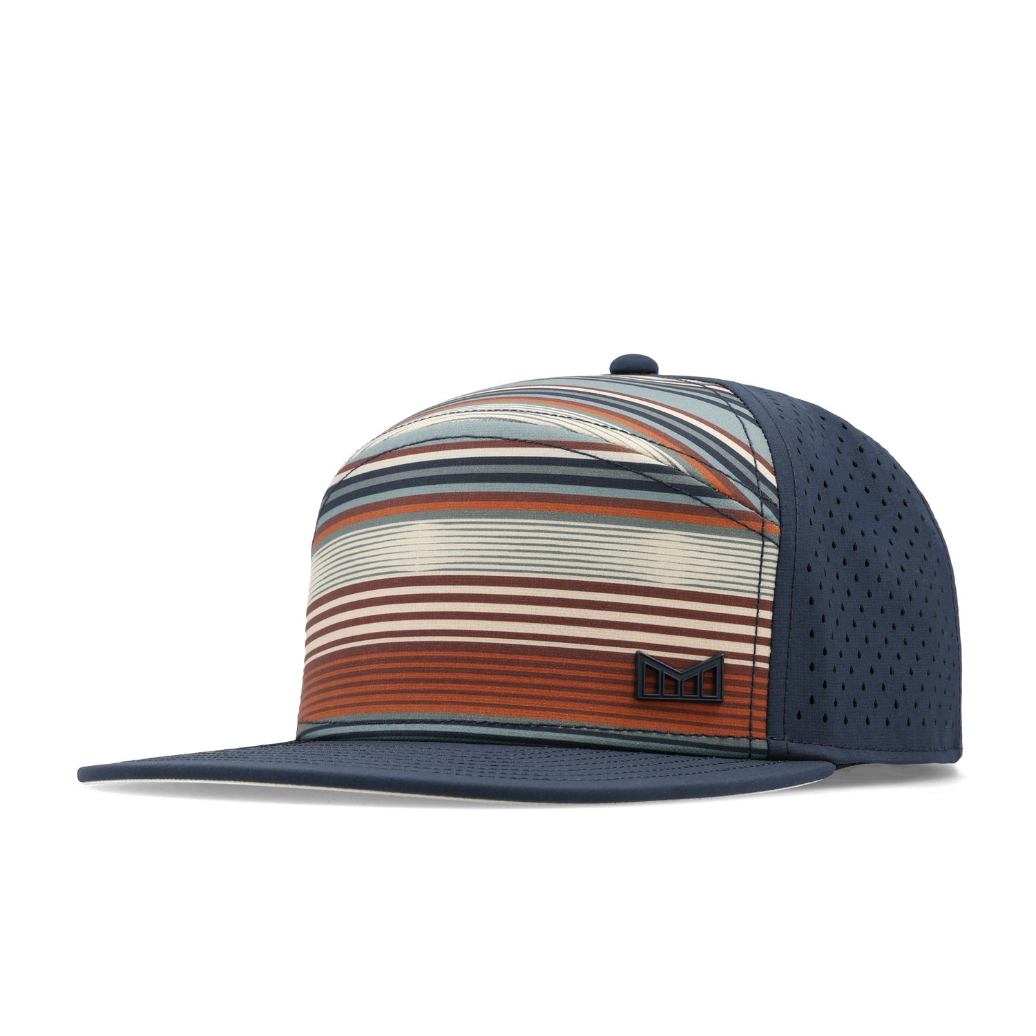 Angled view of the Melin Trenches Icon Hydro hat with a striped front, navy visor, and perforated side panels.