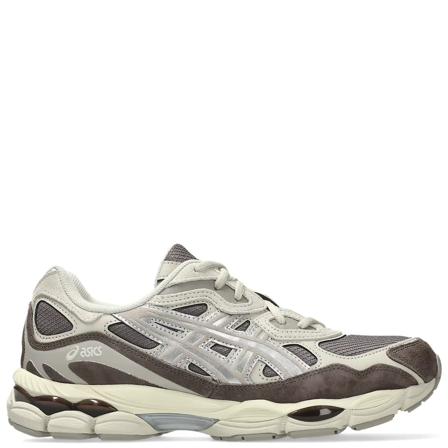Side profile of the ASICS GEL-NYC with brown suede overlays, silver stripes, and visible GEL cushioning.