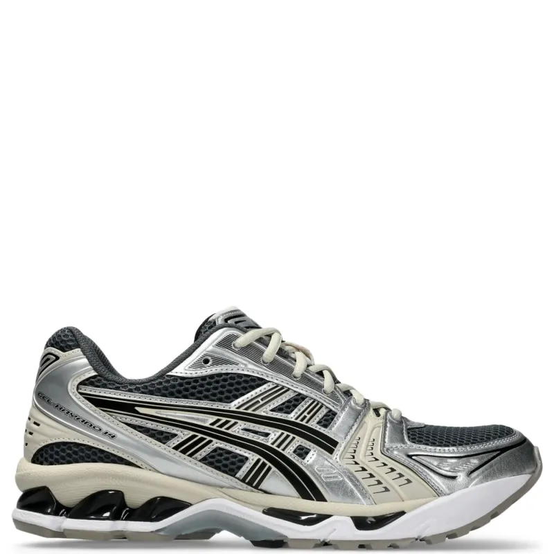 Opposite side view of ASICS GEL-KAYANO 14 shoe showing metallic overlays and visible GEL cushioning.