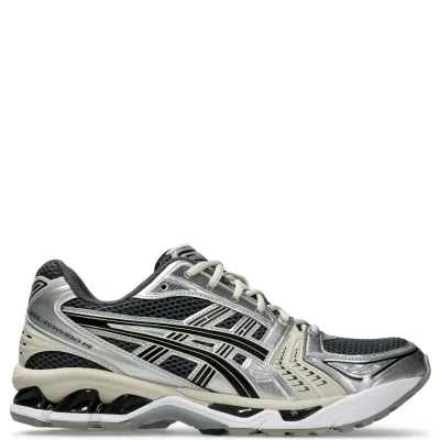 Opposite side view of ASICS GEL-KAYANO 14 shoe showing metallic overlays and visible GEL cushioning.
