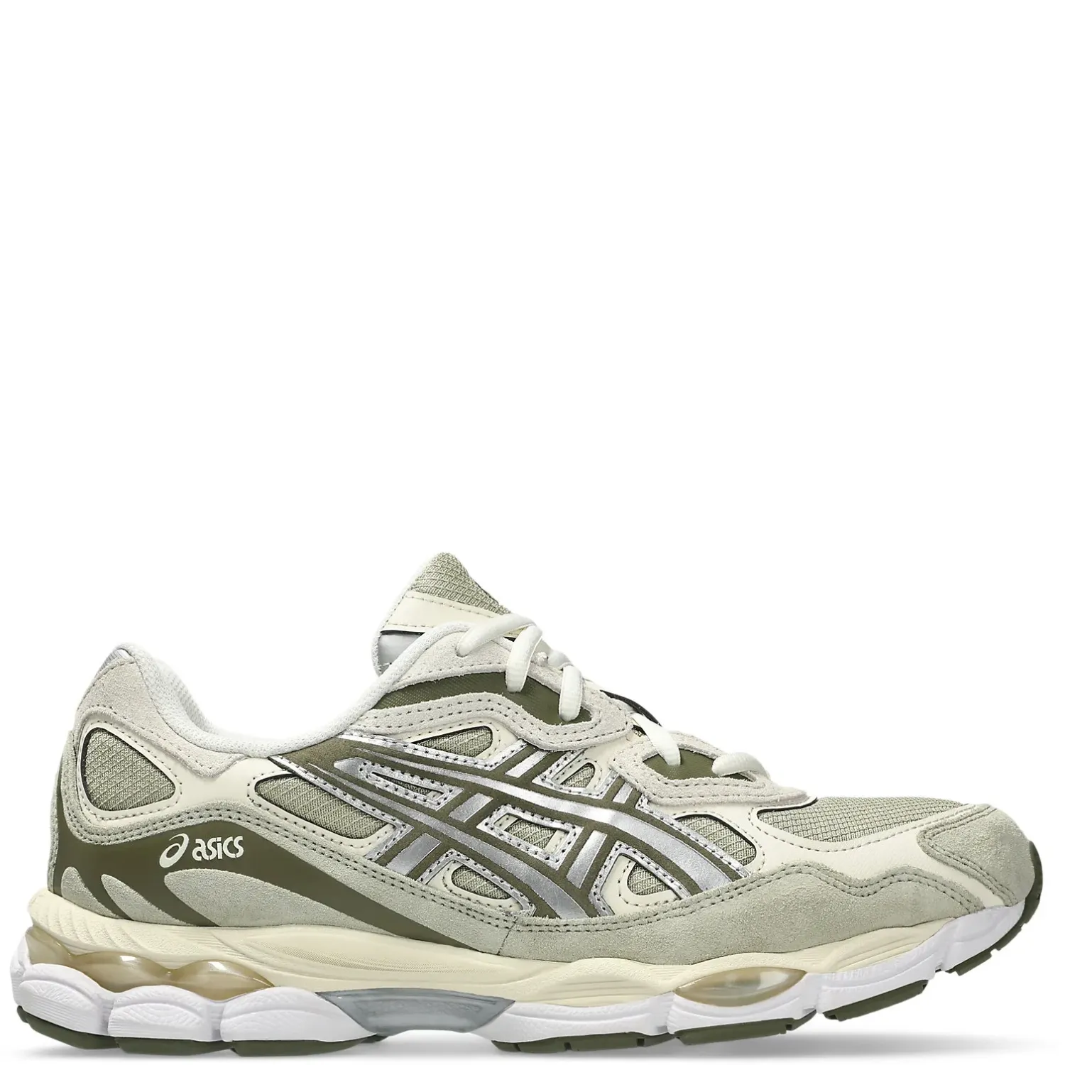 Opposite side view of ASICS GEL-NYC shoe with khaki suede, silver stripes and GEL cushioning.