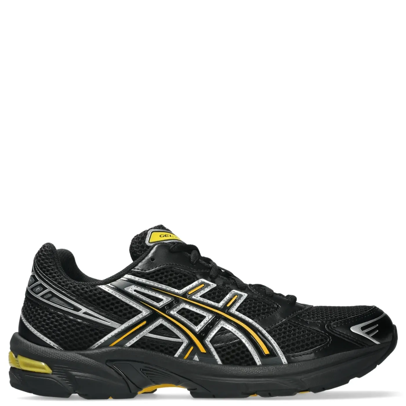 Opposite side view of ASICS GEL-1130 shoe showing patent overlays and yellow GEL cushioning.