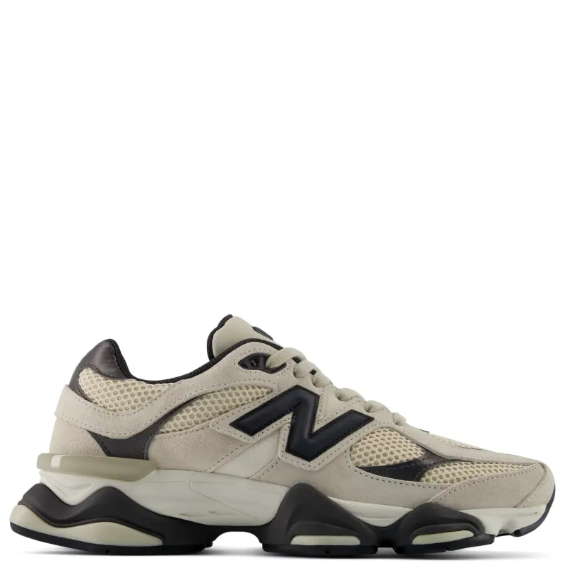 Side view of New Balance 9060 shoe in Timberwolf suede and mesh with Black Cement accents.