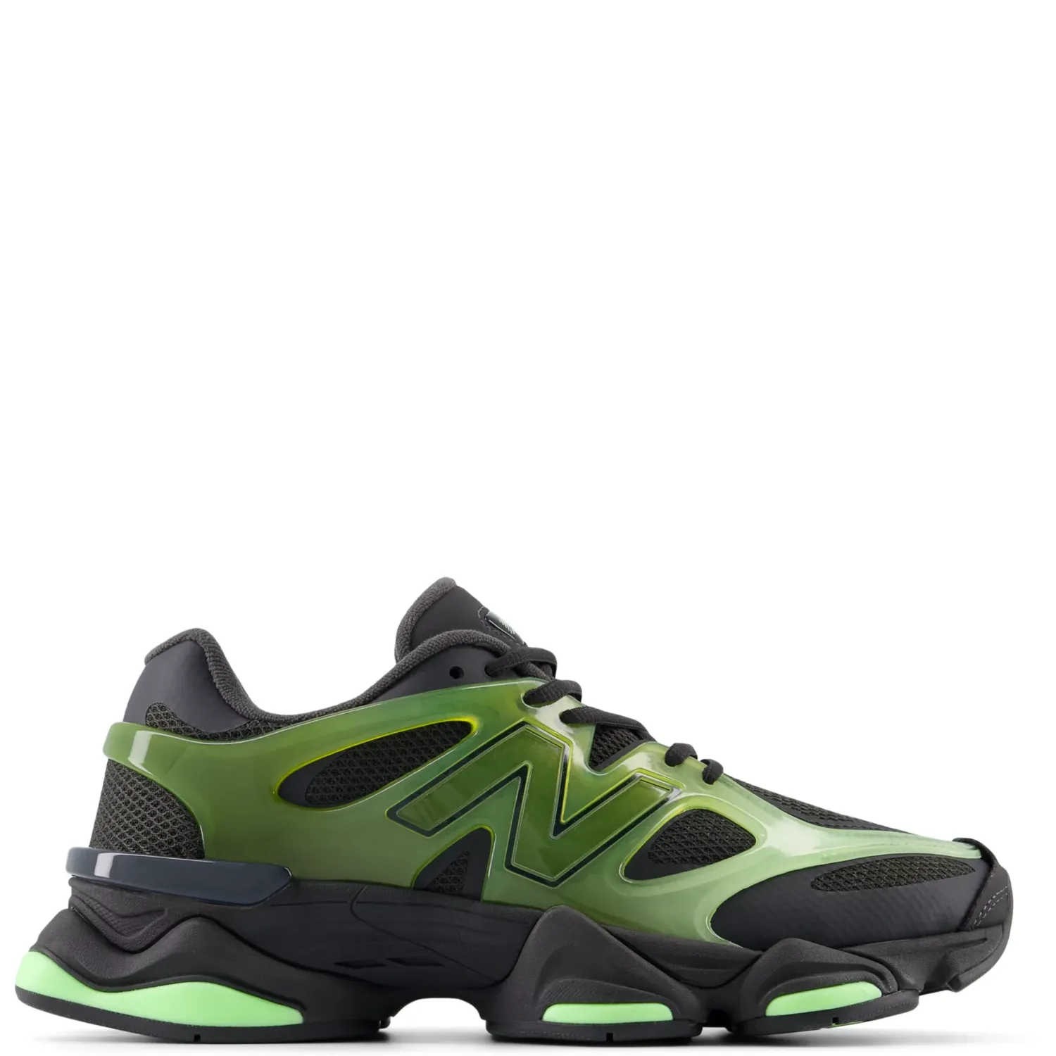 Side view of New Balance 9060 X shoe with an Alpine Green TPU cage and Black Cement mesh upper.