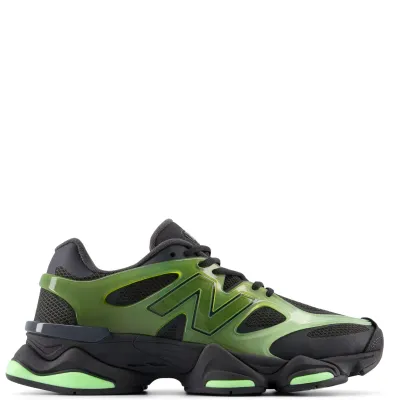 Side view of New Balance 9060 X shoe with an Alpine Green TPU cage and Black Cement mesh upper.