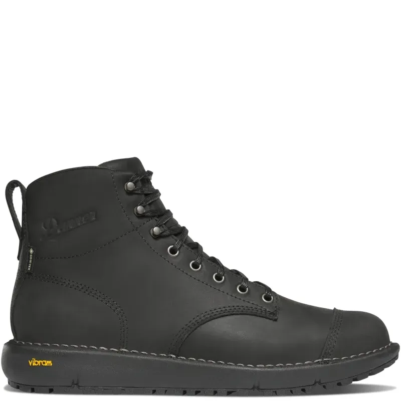 Side profile of the Jet Black Danner Moto 917 GTX boot with a leather upper and Vibram sole.