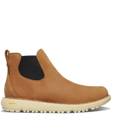Side profile of the Roasted Pecan Tramline Chelsea 917 GTX with elastic panel and cream outsole.