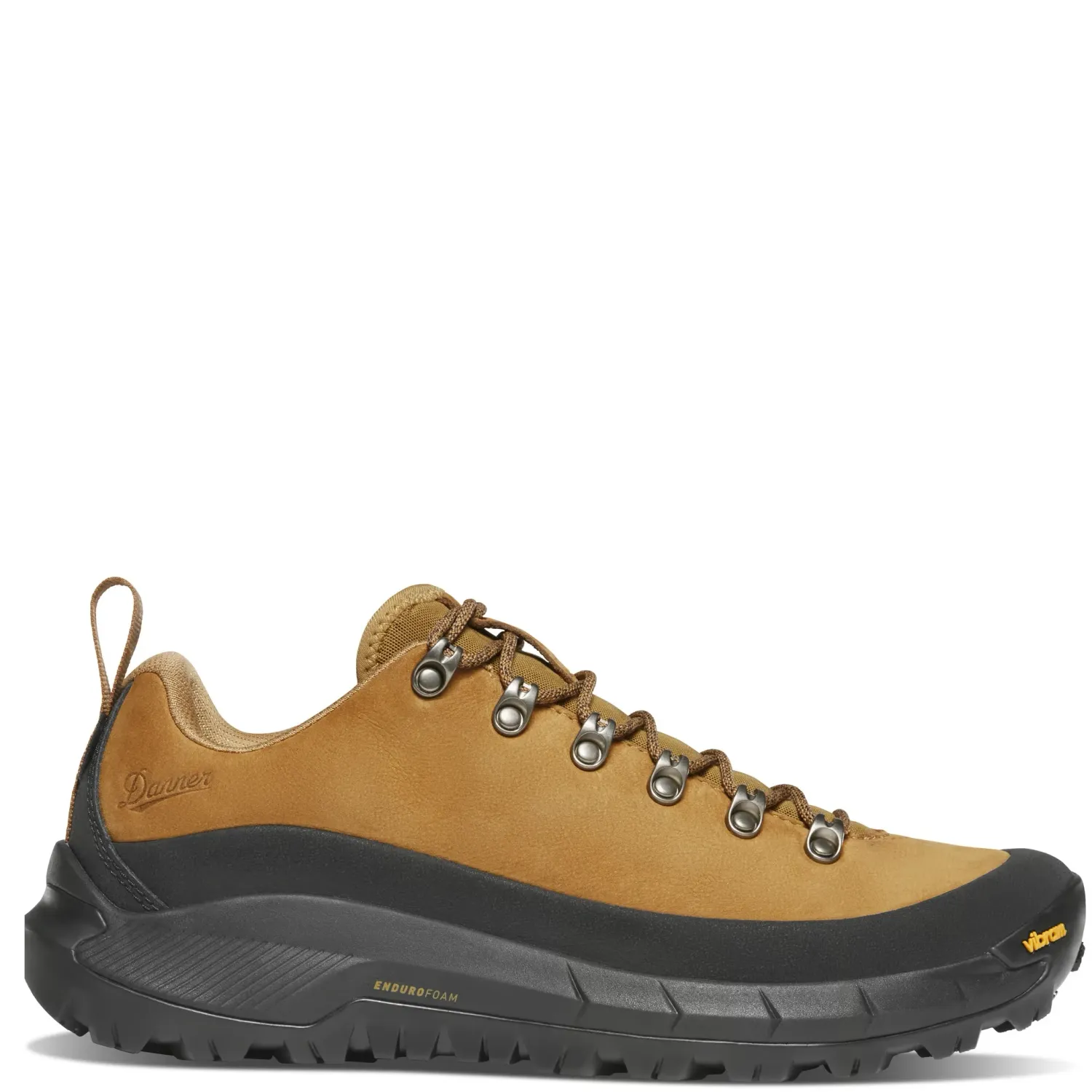 Side profile of the Bone Brown low hiker with Danner branding, EnduroFoam+ cushioning and Vibram sole.