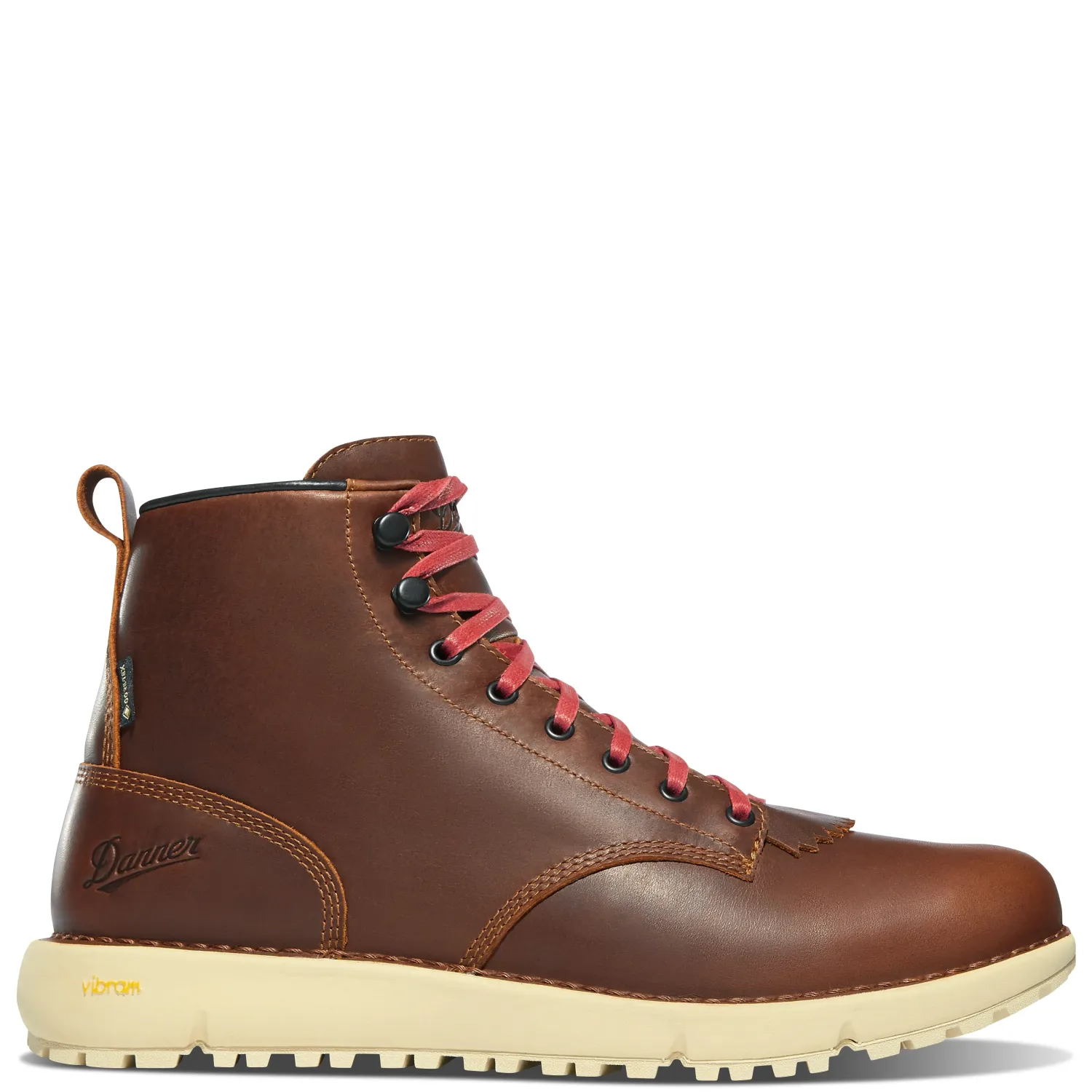 Side view of the Danner Logger 917 GTX boot in Monk’s Robe leather with a cream Vibram sole.