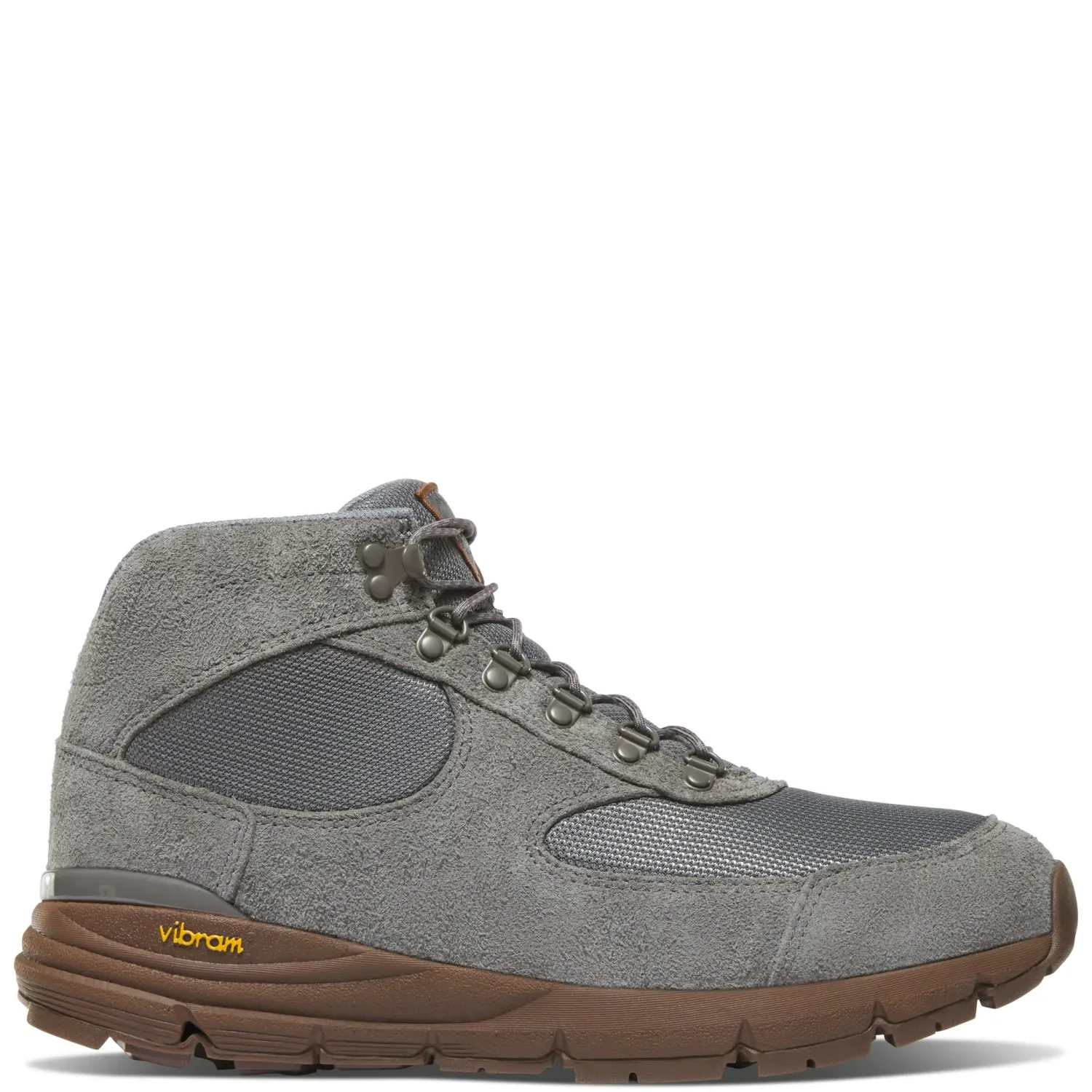 Side view of the Danner Jag 600 in Storm Grey with suede overlays and a brown Vibram outsole.