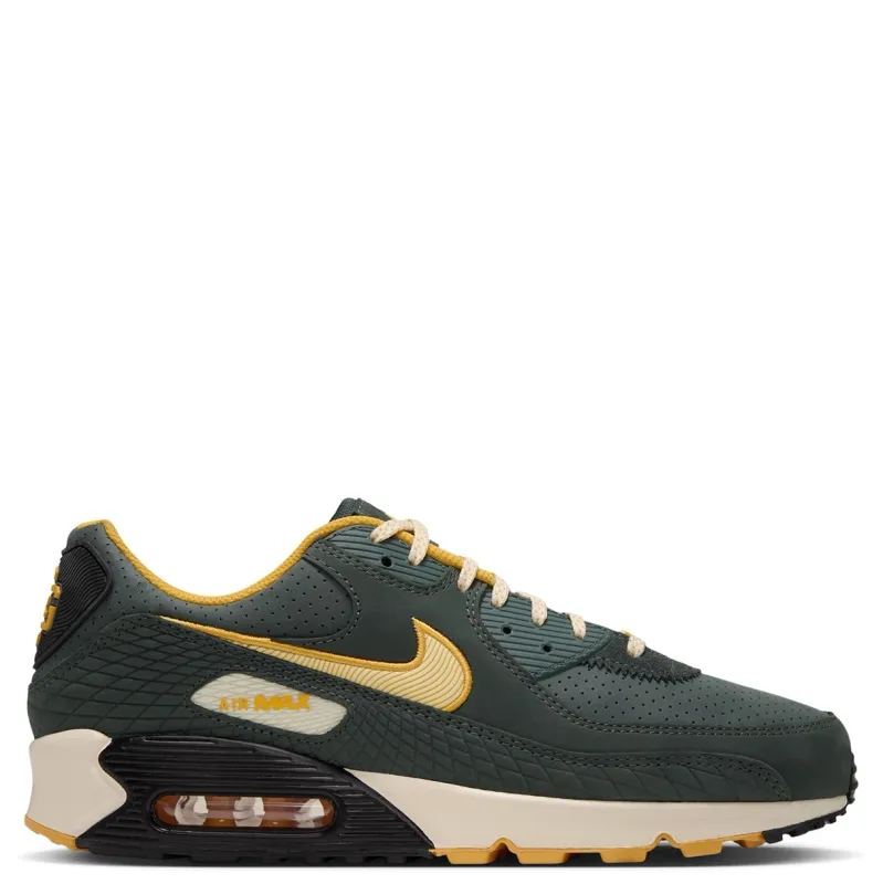 Medial profile of the green Air Max 90 with gold-trimmed Swoosh, Alabaster midsole and Air unit.