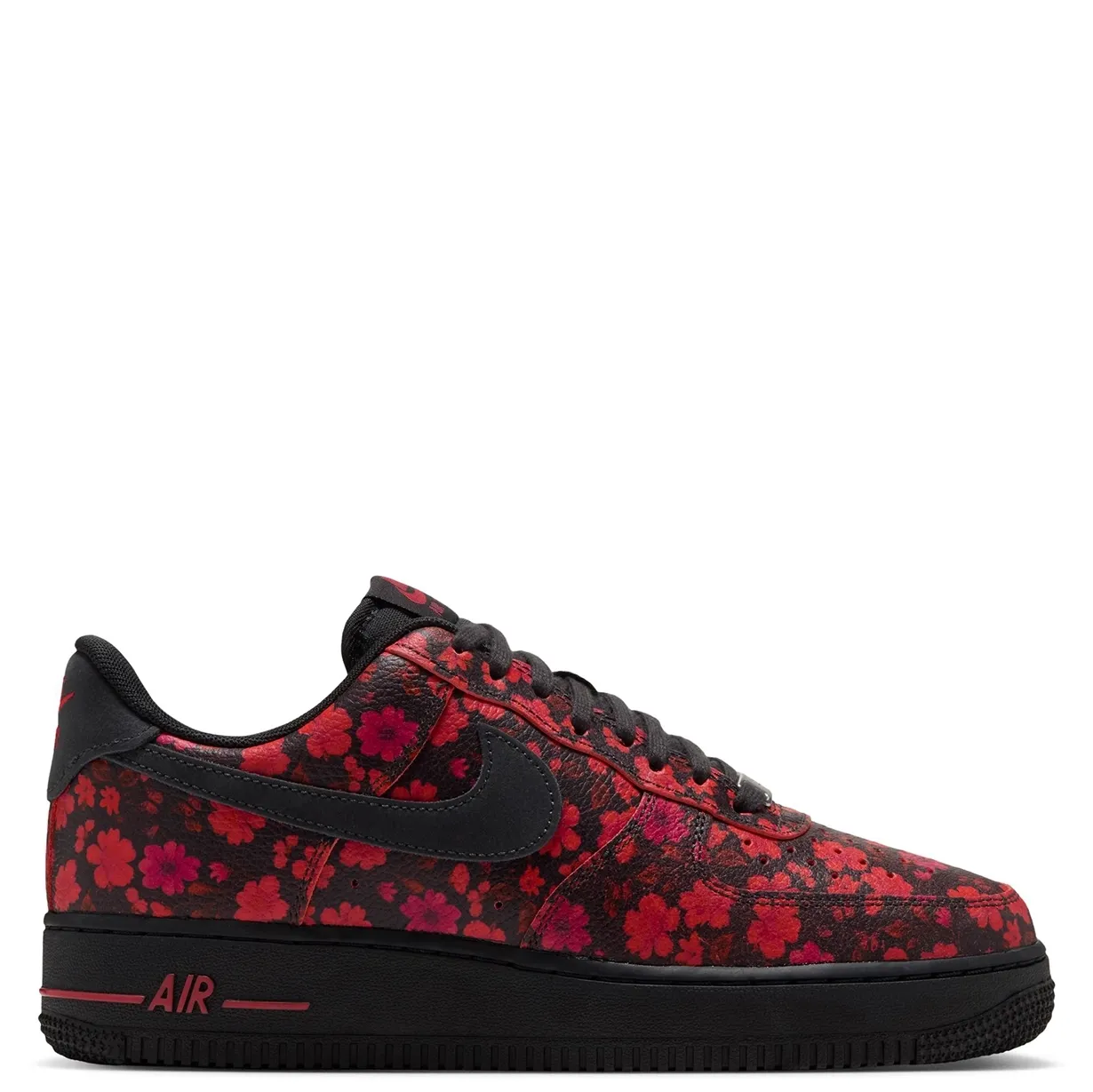 Medial view of Nike Women’s Air Force 1 Floral with embossed flower print and red Air branding.