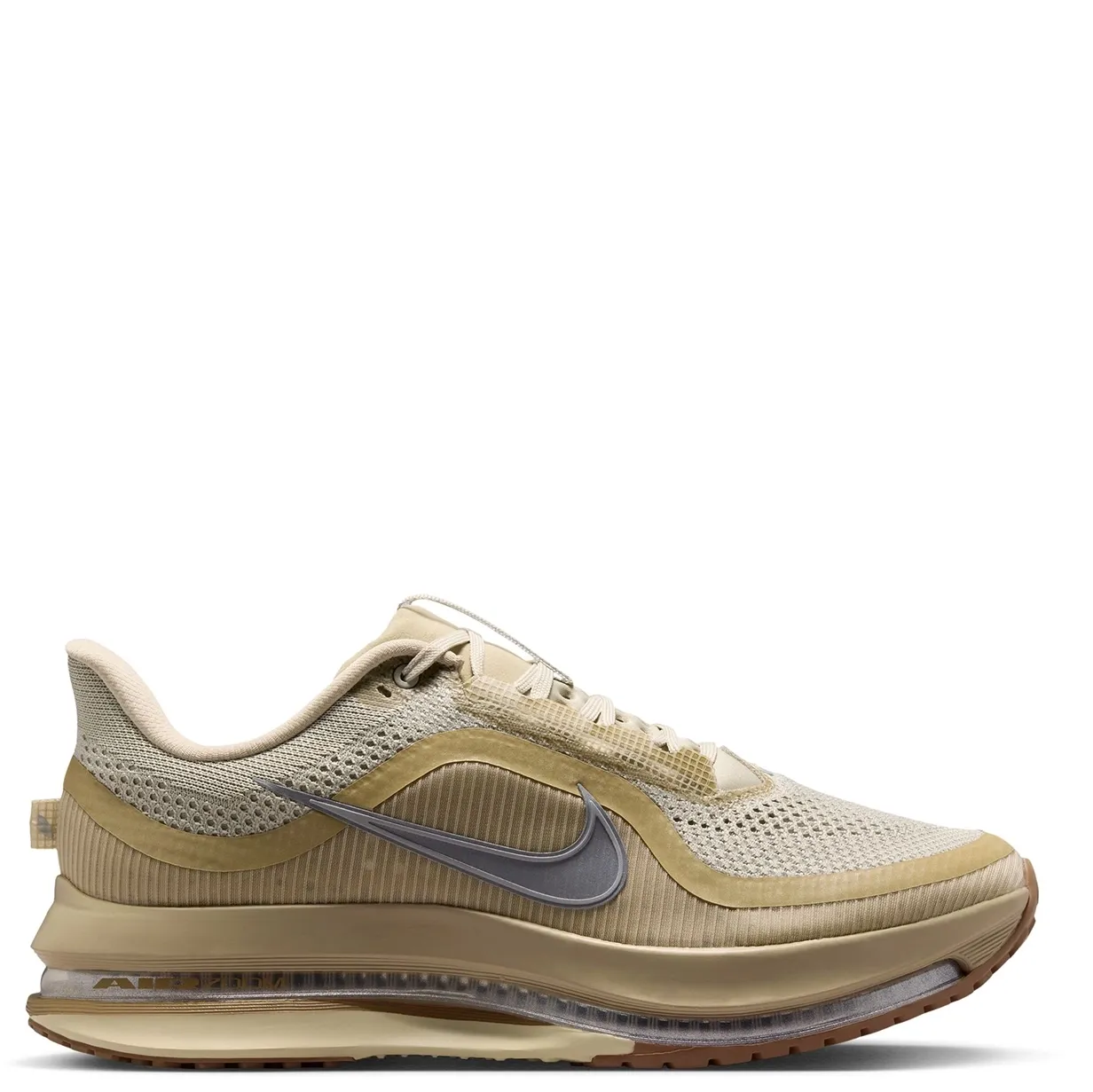 Medial view of Nike Pegasus Premium with metallic silver Swoosh, khaki upper and visible Air Zoom unit.