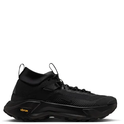 Medial view of black Nike ACG Zegama Hike with tonal Swoosh, ankle cuff and Vibram outsole.