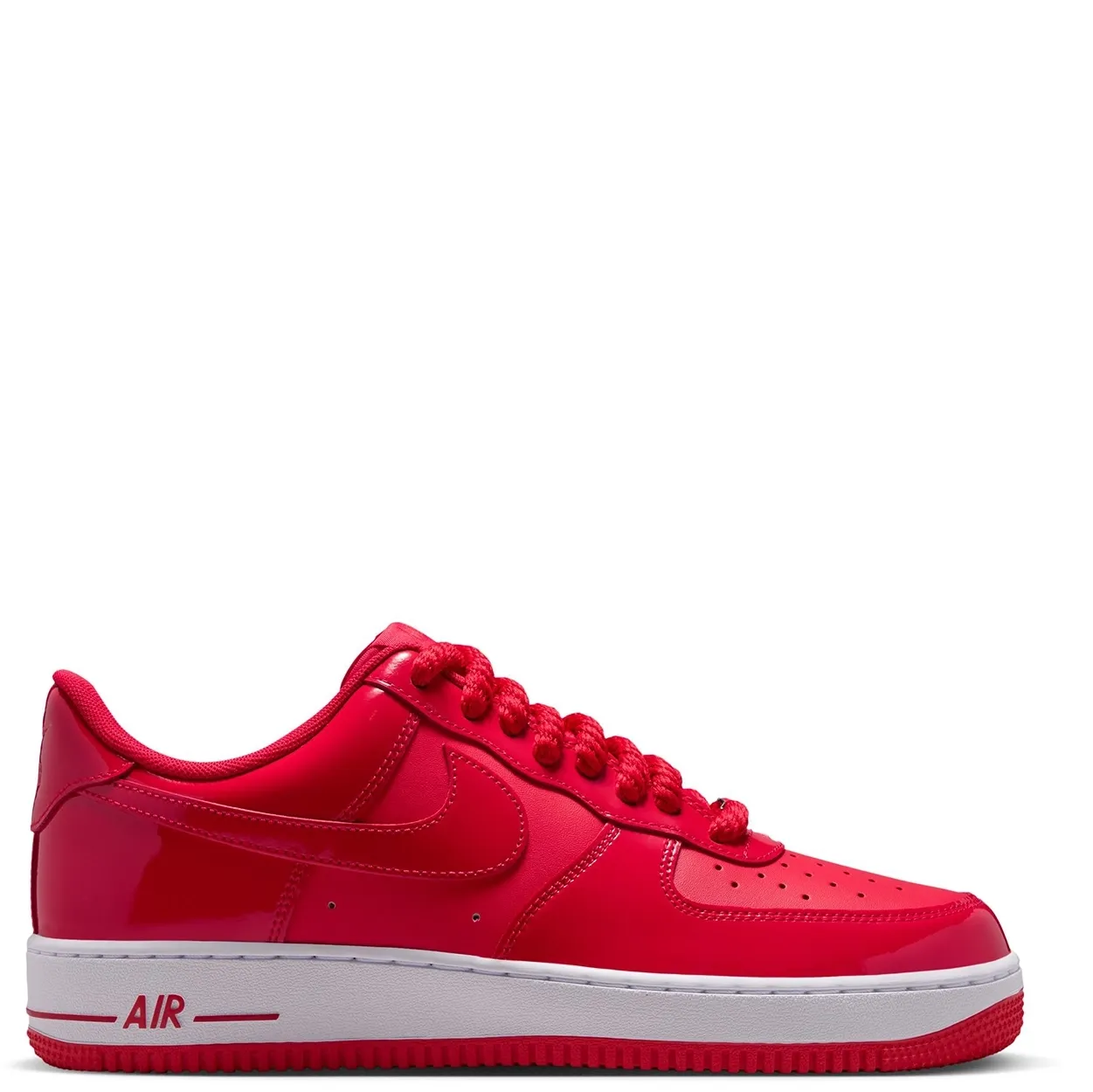 Medial view of red Nike Air Force 1 ’07 LV8 with tonal leather upper, white midsole and red outsole.