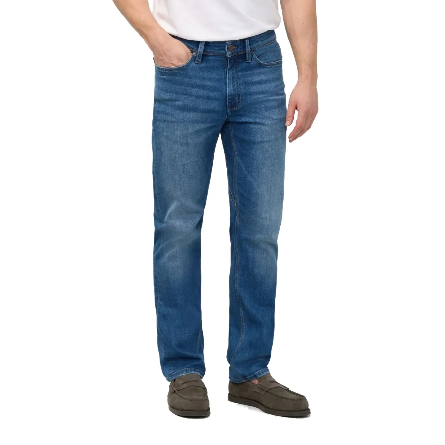 Front view of the Alpine Indigo jeans showing the trim hip, thigh and straight-leg fit.