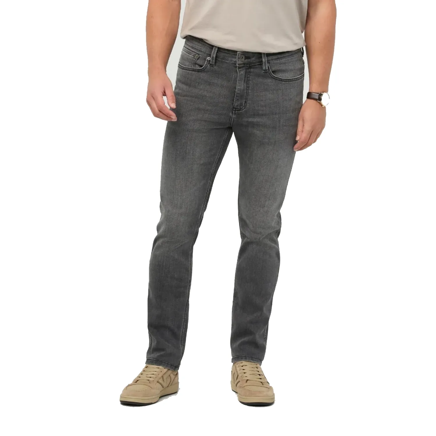 Front view of the Vintage Grey jeans showing the slim fit, five-pocket waist and straight legs.
