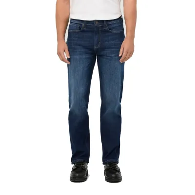 Front view of the Heritage Indigo jeans showing the trim hip, thigh and straight-leg fit.