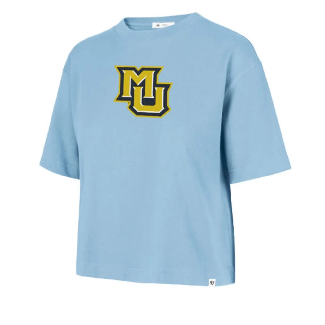 Front view of '47 Brand Marquette Golden Eagles women's powder blue cropped tee with MU logo