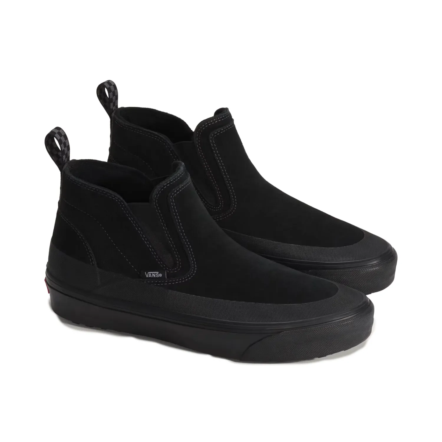 Three-quarter view of black Vans Mid-Slip Insulated shoes with mid-top suede uppers and checkerboard heel pulls