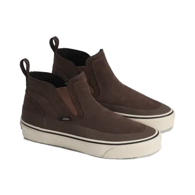 Three-quarter view of brown Vans Mid-Slip Insulated shoes with suede uppers and checkerboard heel pulls