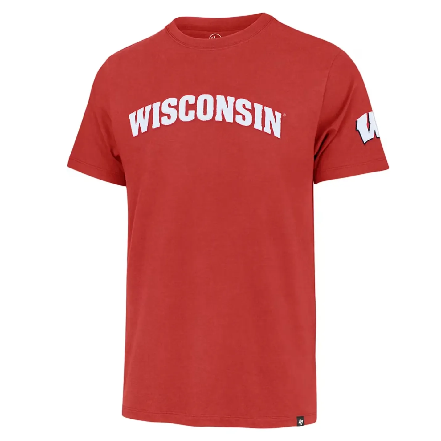 Front view of '47 Brand Wisconsin Badgers red tee with arched Wisconsin chest appliqué and sleeve logo
