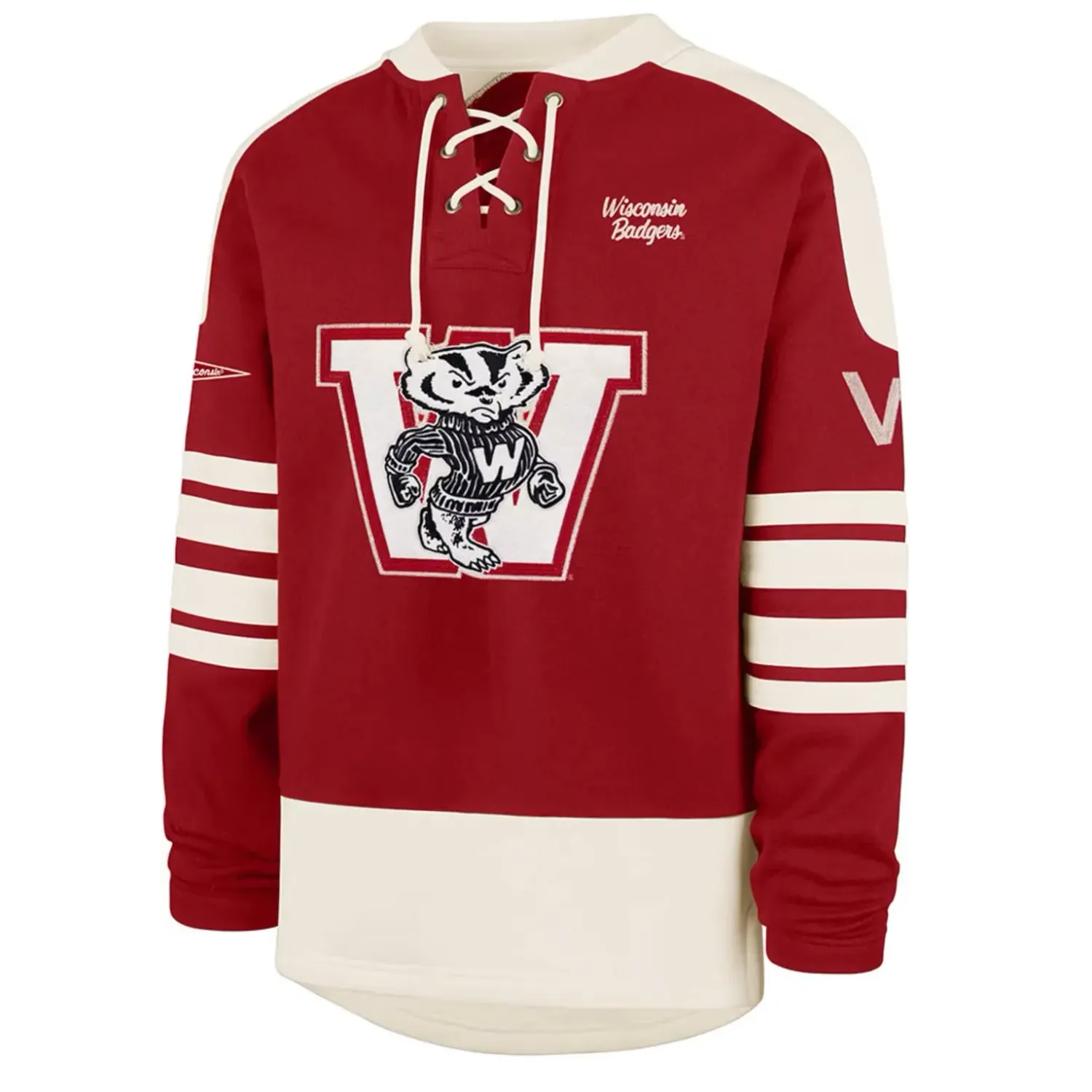 Front view of '47 Wisconsin Badgers red Lacer hoodie with Bucky Badger appliqué and striped sleeves
