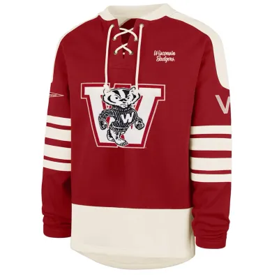 Front view of '47 Wisconsin Badgers red Lacer hoodie with Bucky Badger appliqué and striped sleeves