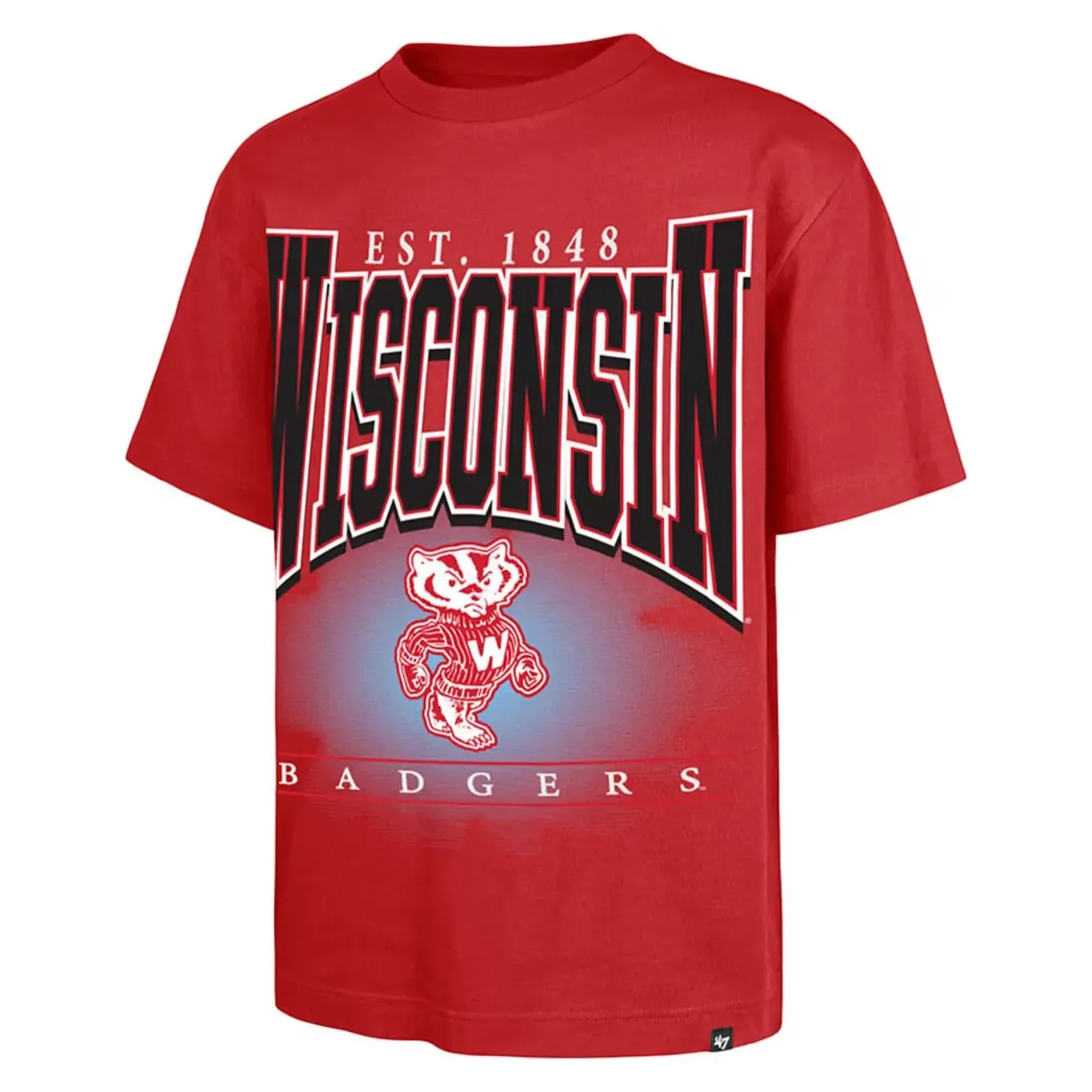 Front view of '47 Wisconsin Badgers red tee with oversized Wisconsin and Bucky Badger graphic