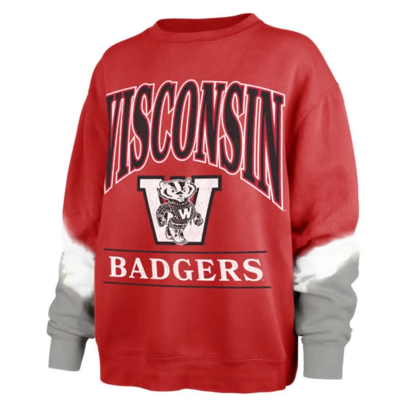 Front view of '47 Wisconsin Badgers women's red crewneck with distressed graphic and dip-dyed sleeves