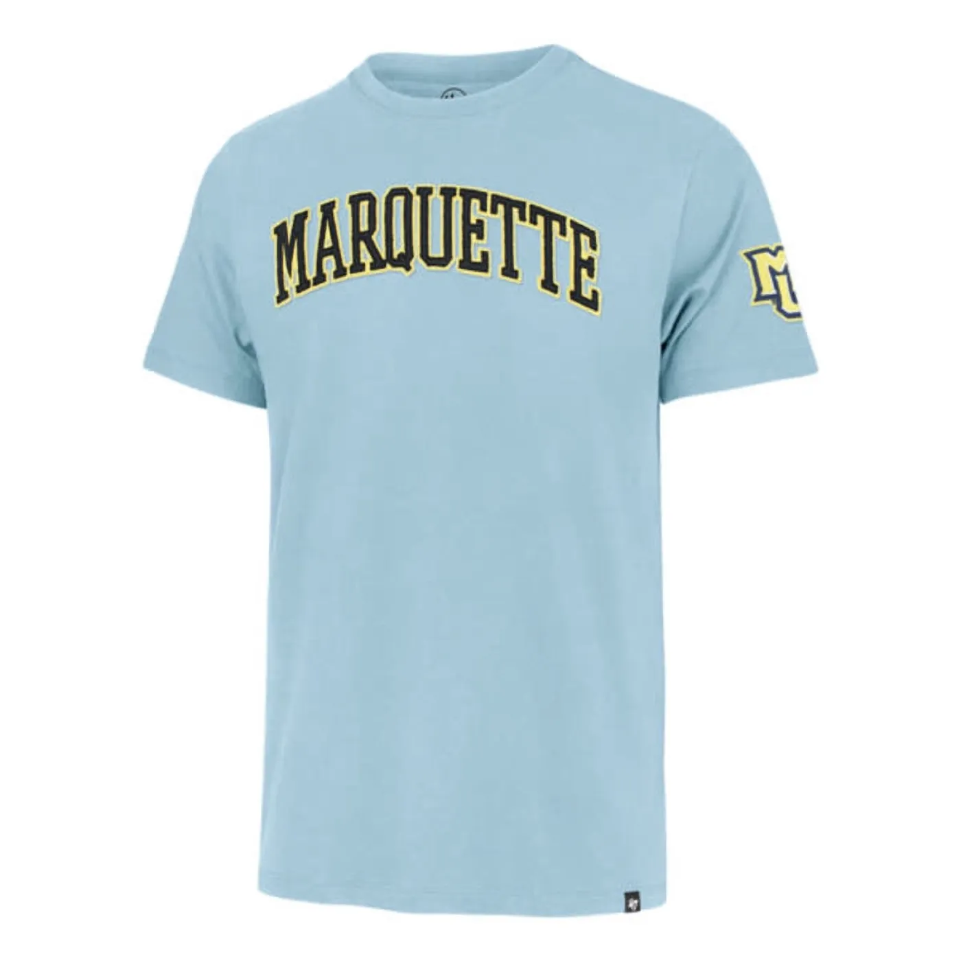 Front view of '47 Marquette Golden Eagles Gulf Blue tee with Marquette chest and MU sleeve appliqués