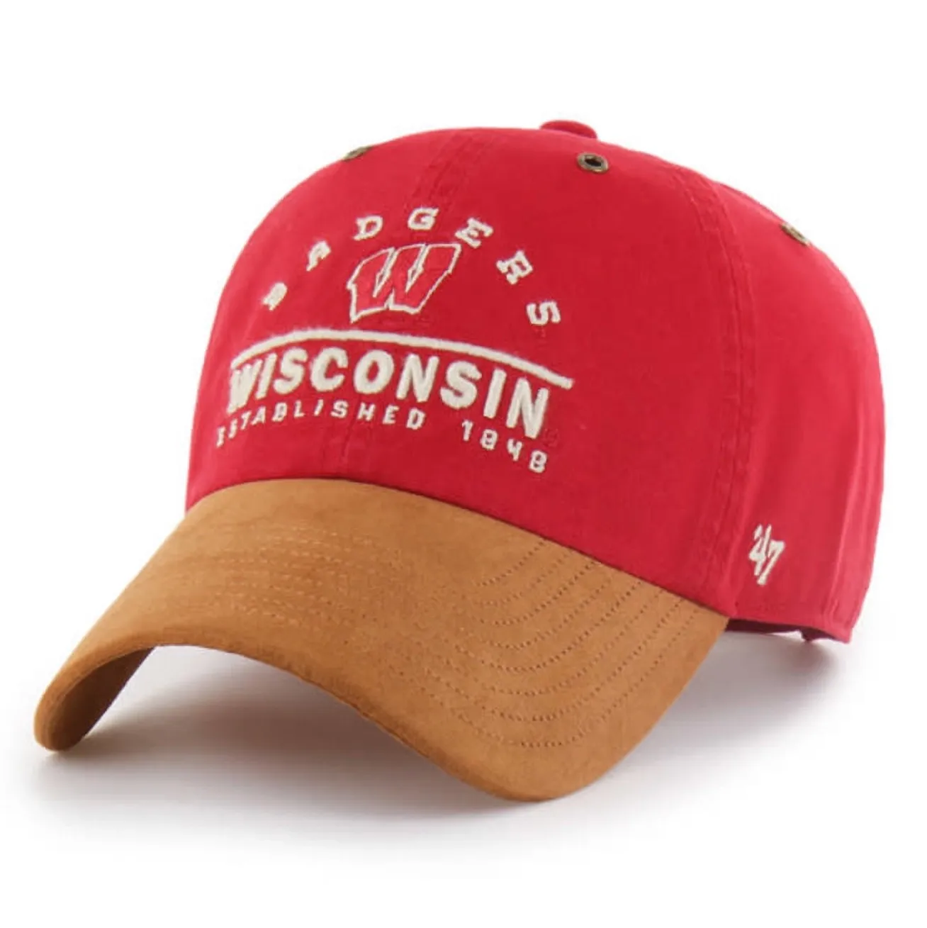 Angled view of '47 Wisconsin Badgers Vintage Red Clean Up hat with tan ultra-suede visor
