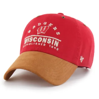 Angled view of '47 Wisconsin Badgers Vintage Red Clean Up hat with tan ultra-suede visor