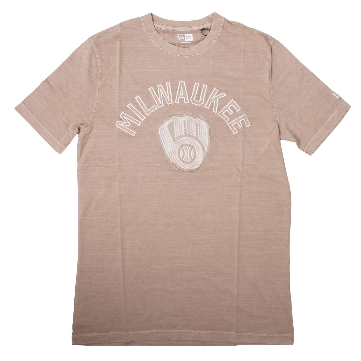 1. Front view of the khaki New Era Brewers Primary Team Embroidered Tee with short sleeves and a crew neckline.
