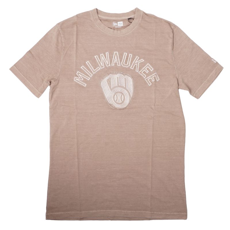 1. Front view of the khaki New Era Brewers Primary Team Embroidered Tee with short sleeves and a crew neckline.