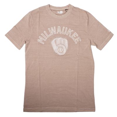 1. Front view of the khaki New Era Brewers Primary Team Embroidered Tee with short sleeves and a crew neckline.