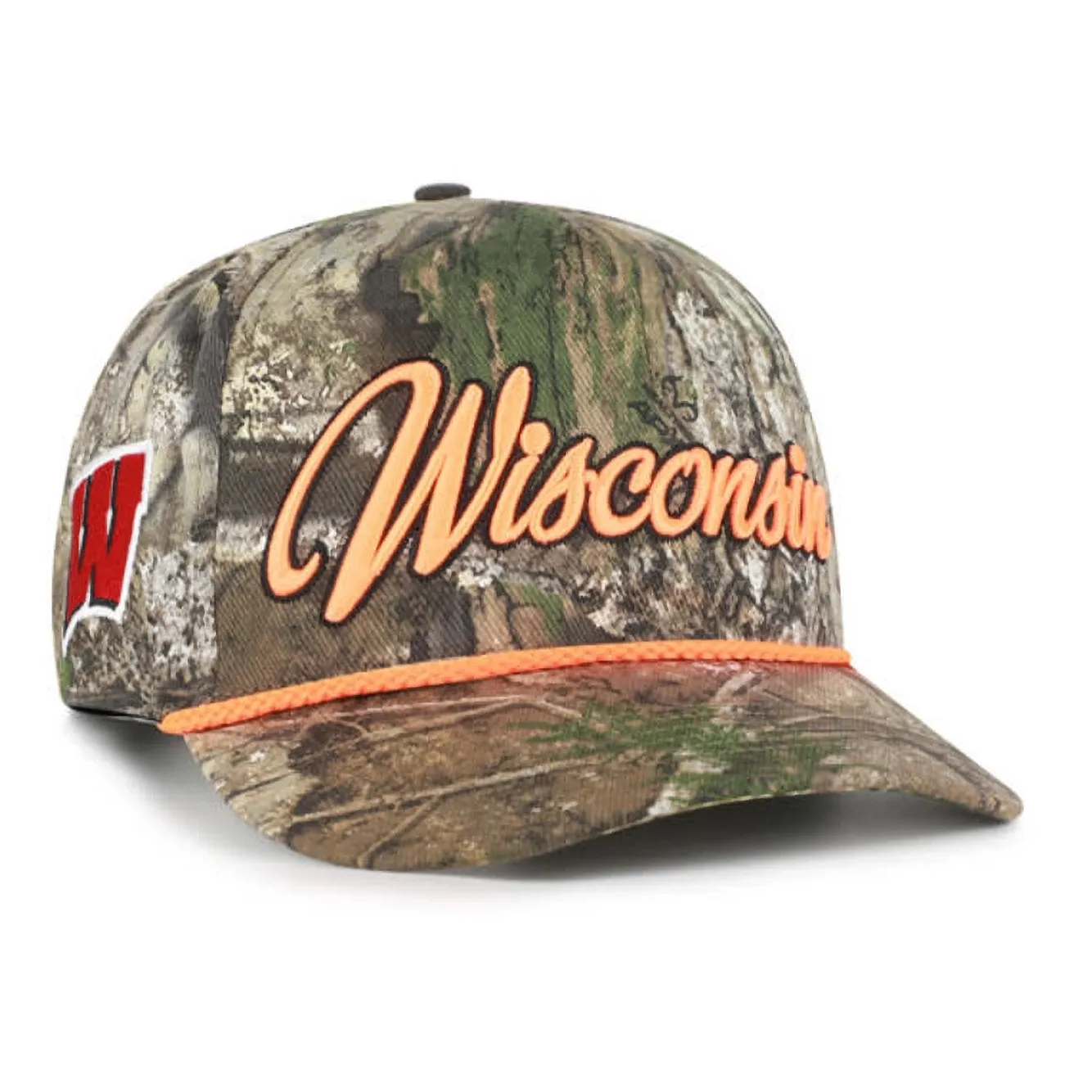 Front view of '47 Wisconsin Realtree camo snapback with embroidered script and red W side patch