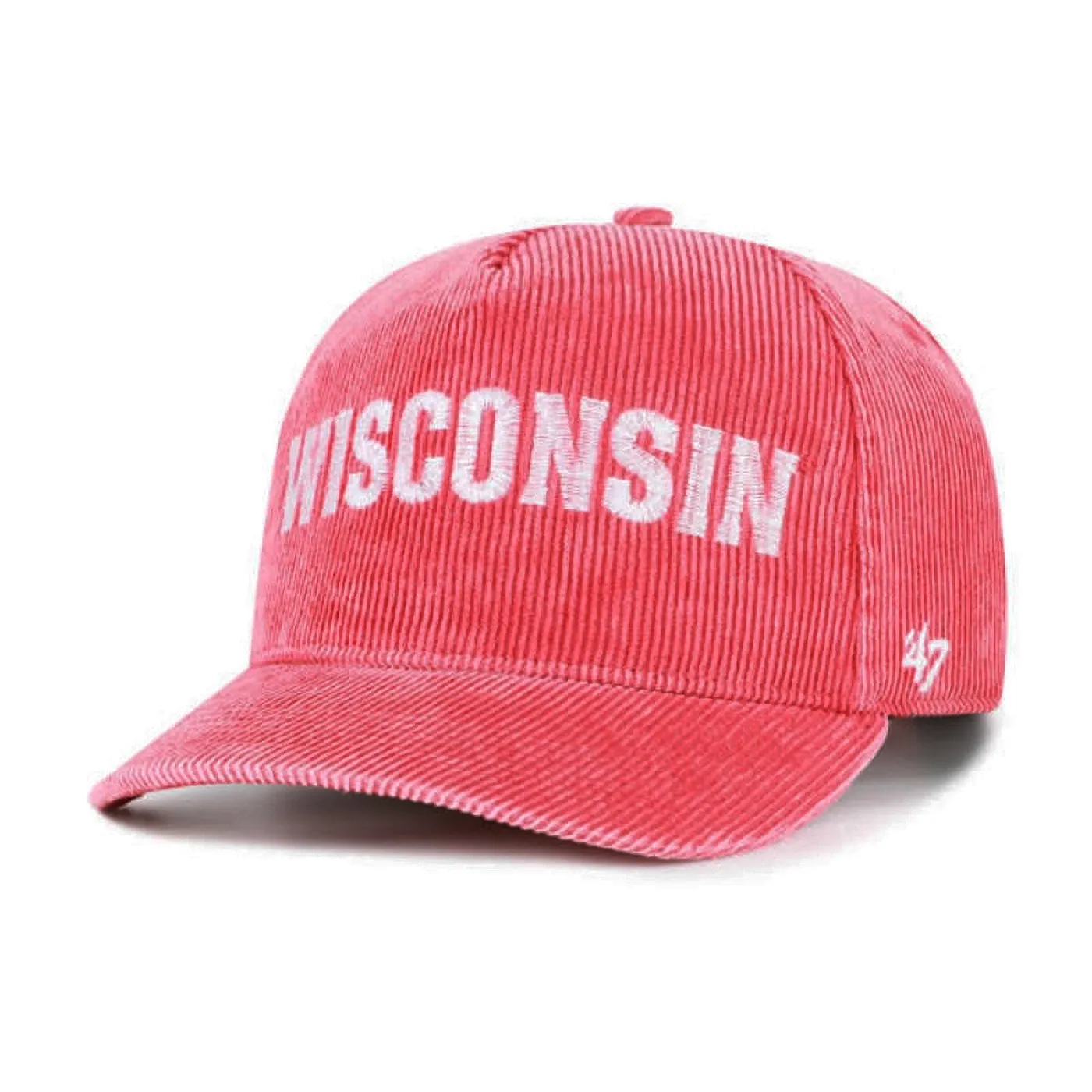 Angled front view of '47 Wisconsin Badgers Light Habanero Red corduroy hat with white wordmark